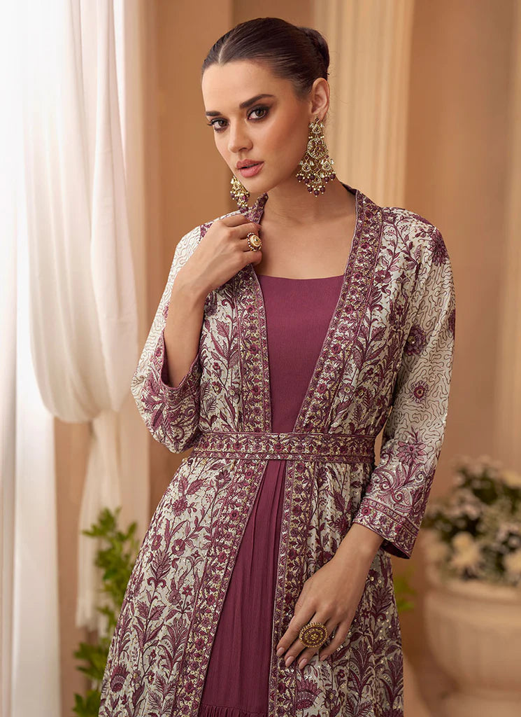 Mauve Purple Embroidery Jacket Style Anarkali Gown