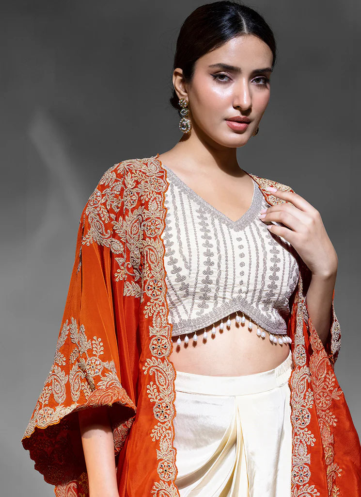 Orange and Cream Embroidery Draped Skirt Set