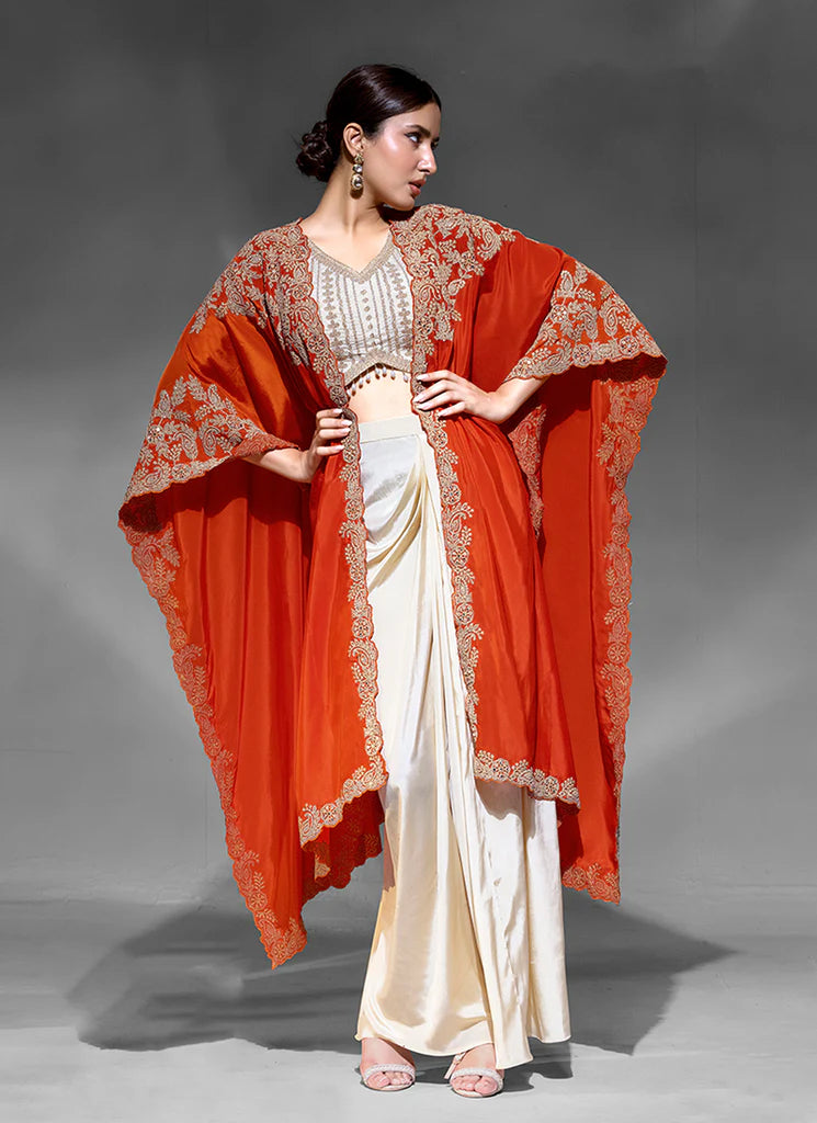 Orange and Cream Embroidery Draped Skirt Set