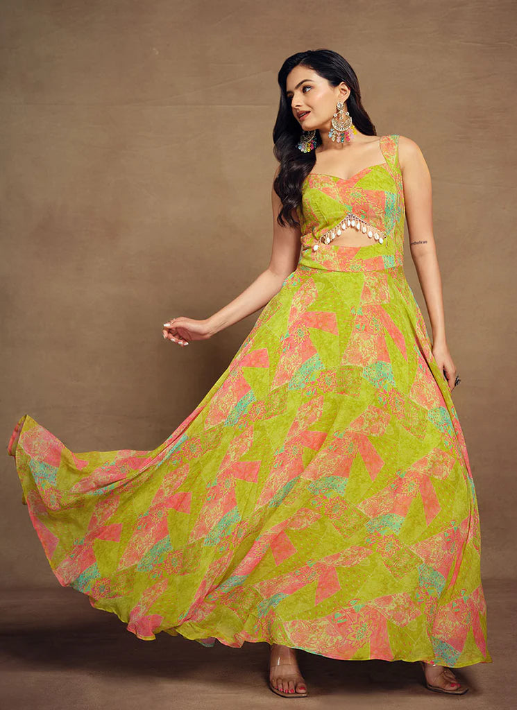Lime Green Digital Printed Embellished Traditional Gown