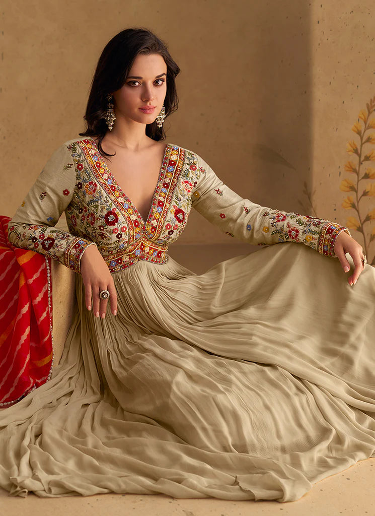 Beige and Red Handwork Embroidered Anarkali Gown Dress