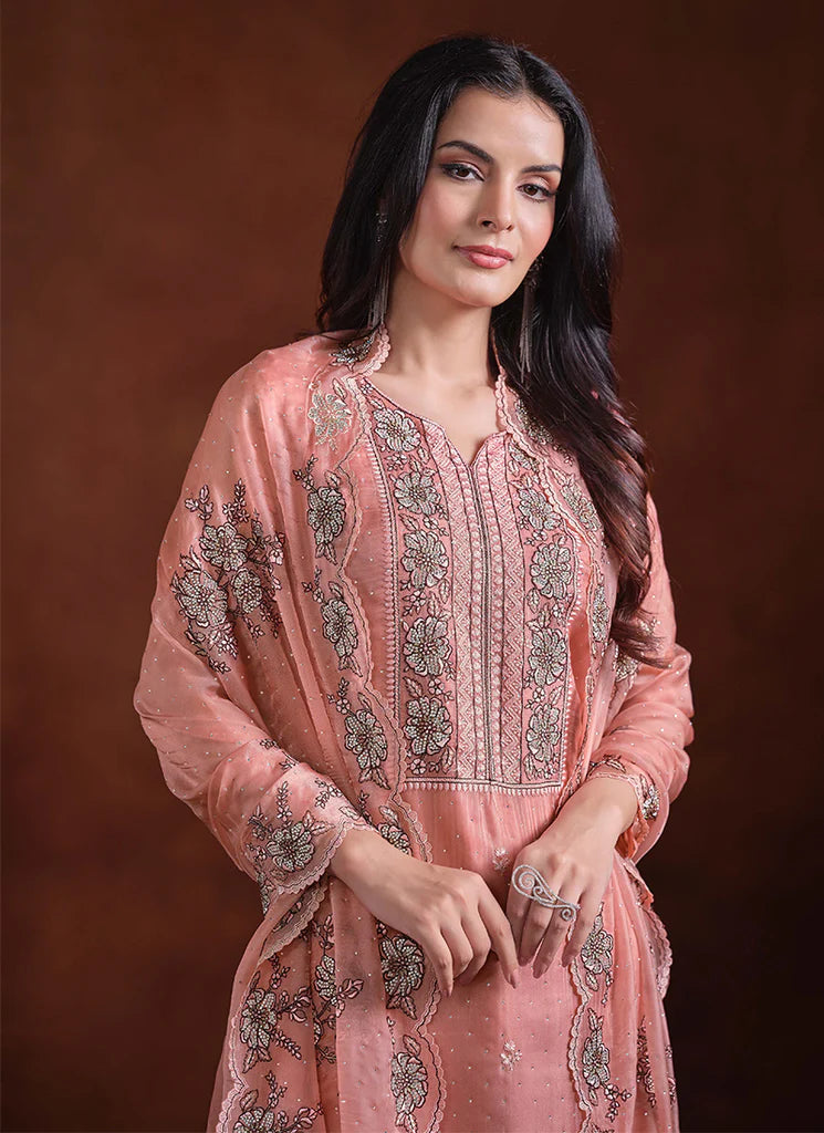 Peach Embroidery Traditional Pant Suit