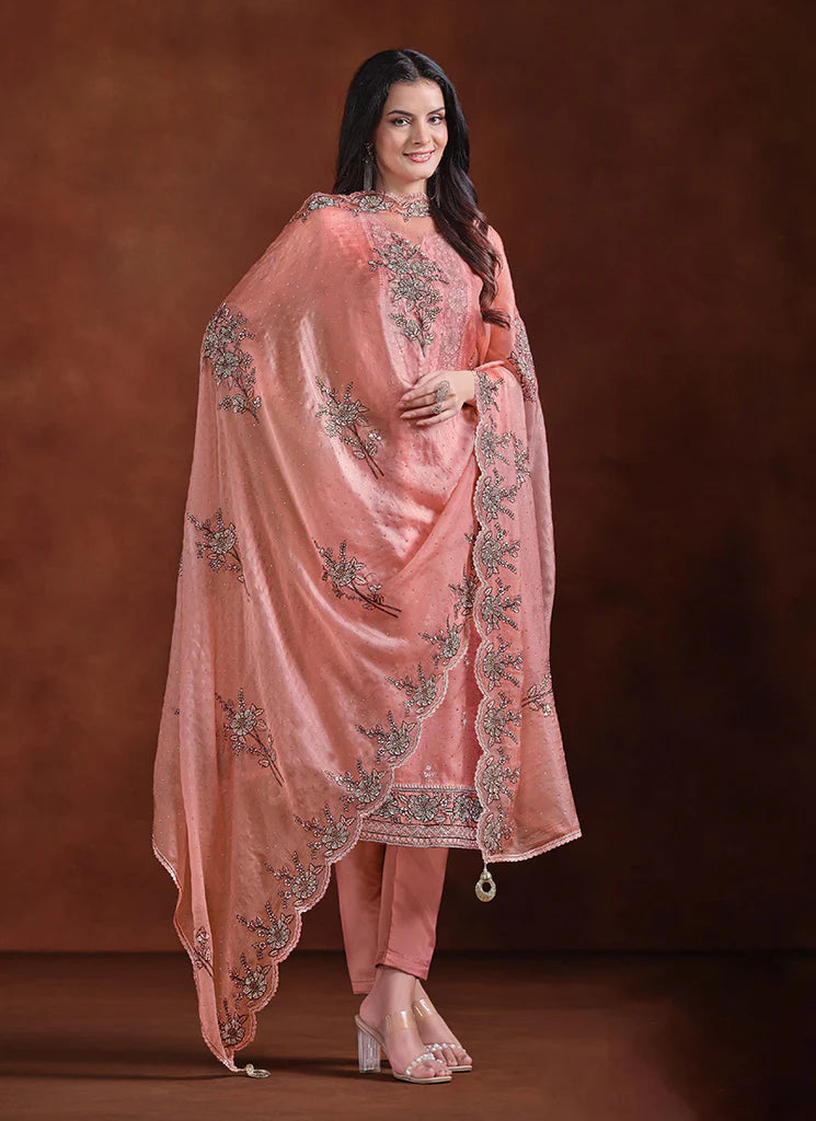 Peach Embroidery Traditional Pant Suit