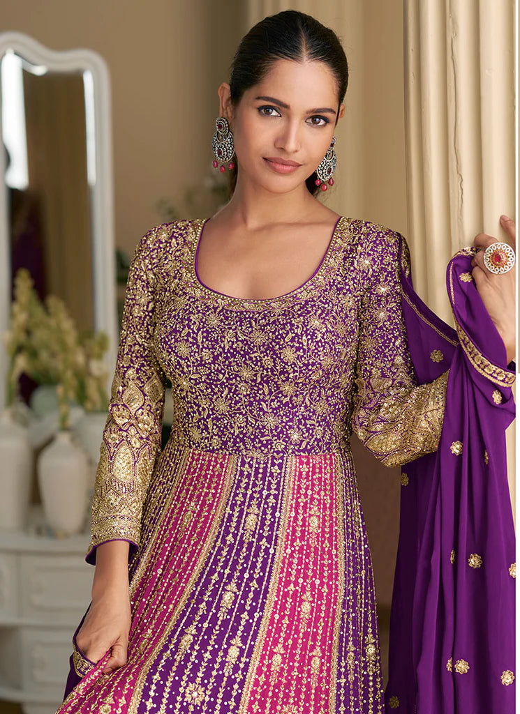 Purple And Pink Traditional Embroidery Anarkali Gown