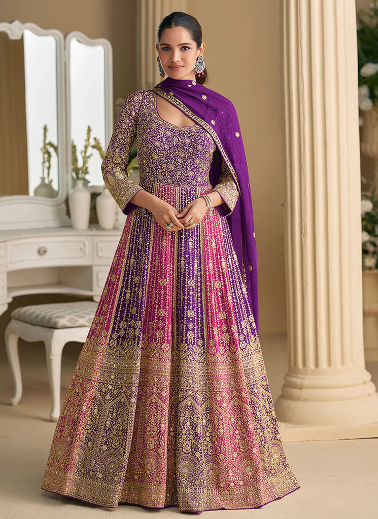 Purple And Pink Traditional Embroidery Anarkali Gown