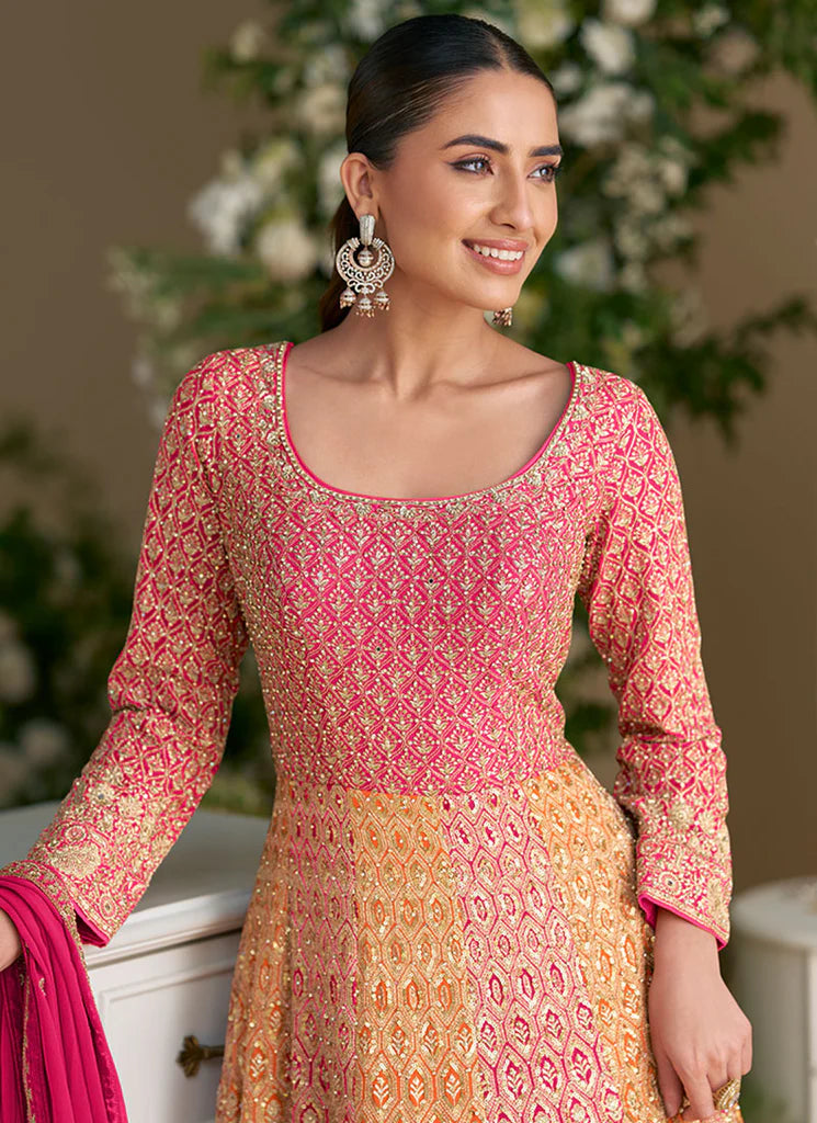 Pink And Orange Traditional Embroidery Anarkali Gown