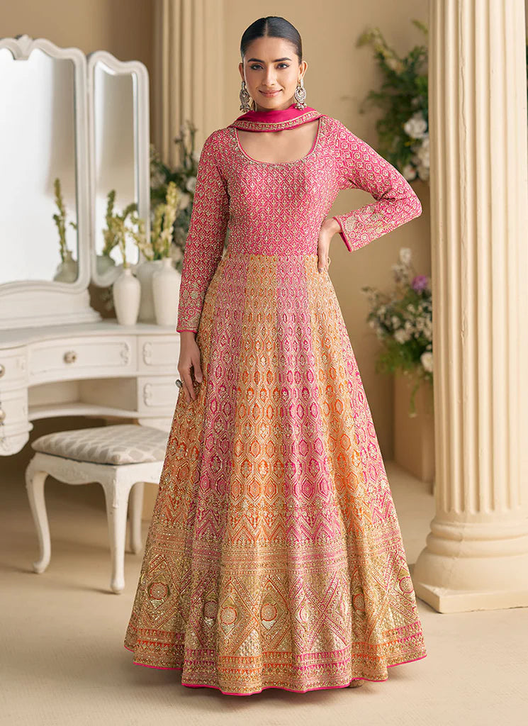 Pink And Orange Traditional Embroidery Anarkali Gown