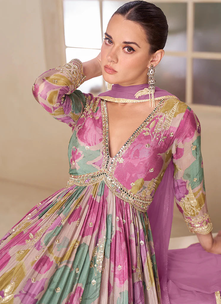 Purple Multicolor Floral Printed Embroidered Anarkali Gown