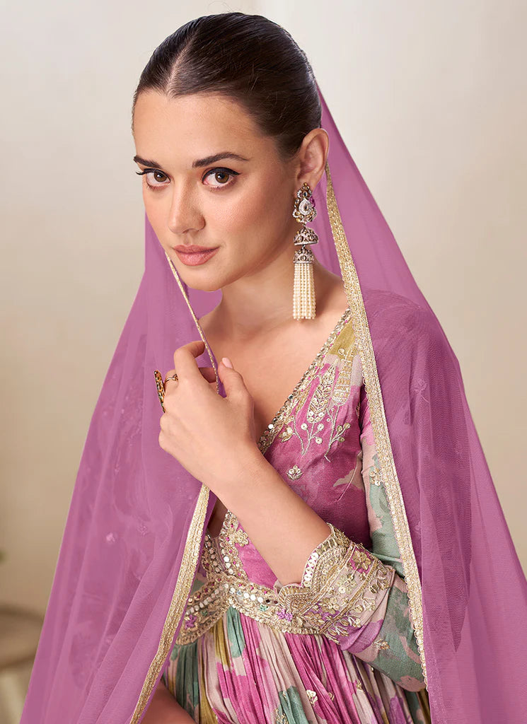 Purple Multicolor Floral Printed Embroidered Anarkali Gown