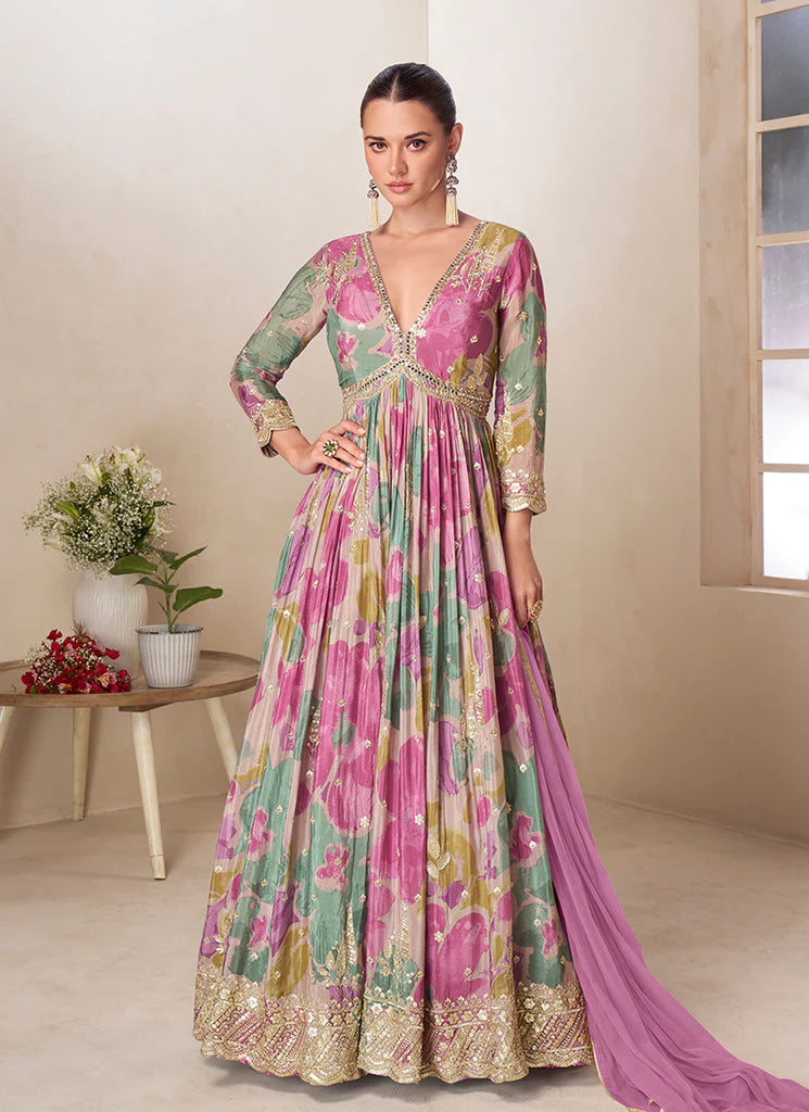 Purple Multicolor Floral Printed Embroidered Anarkali Gown