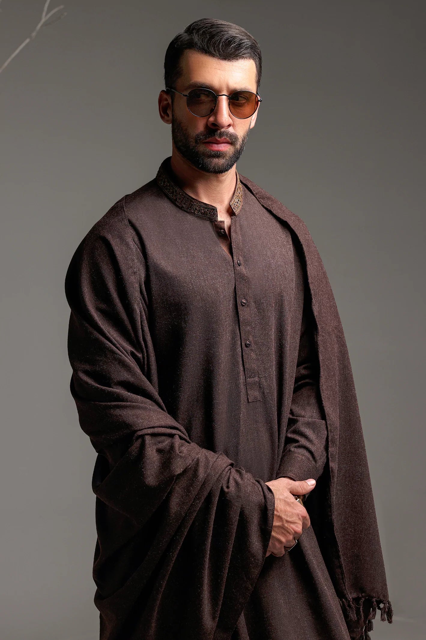 Dark Brown Shalwar Kameez with Shawl