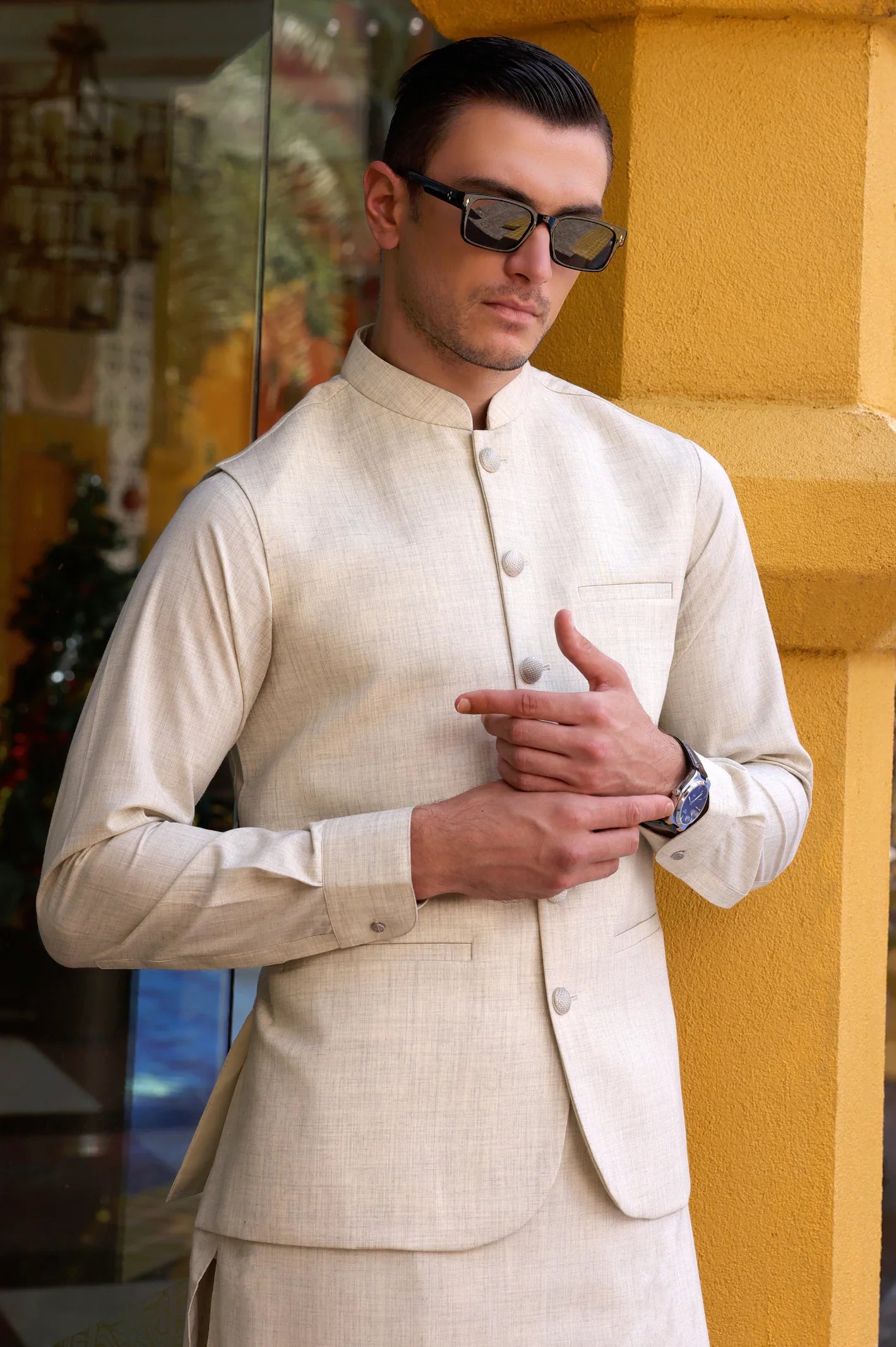 Fawn Shalwar Kameez with Waistcoat