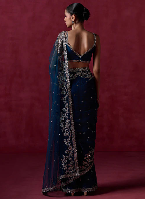 Teal Blue Embroidered Net Saree
