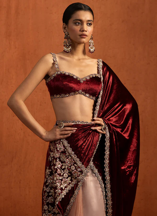 Red Multicolor Embroidered Viscose Velvet Saree