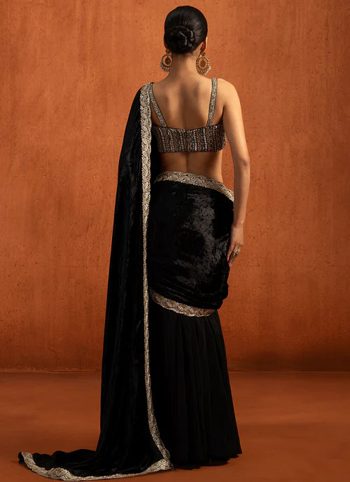 Black Embroidered Viscose Velvet Saree