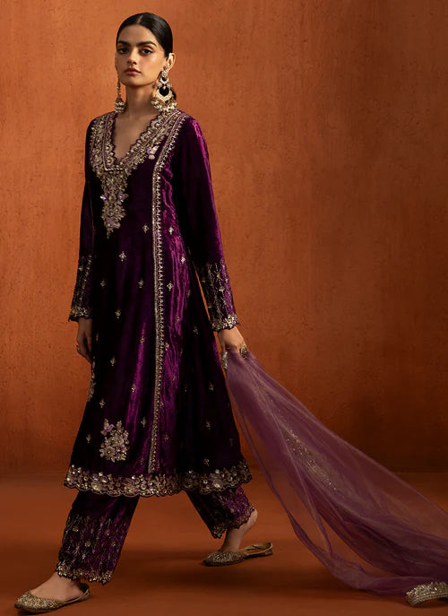 Purple Embroidered Velvet Straight Suit