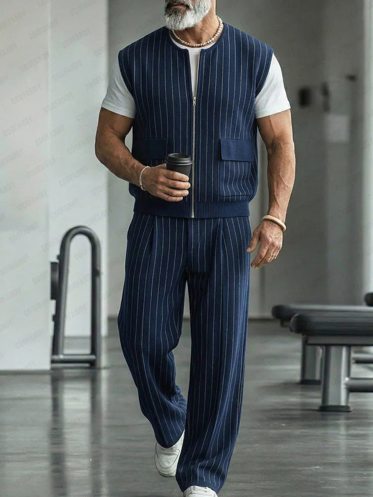 Urban Casual Pinstripe Zip Up Vest Pants Set