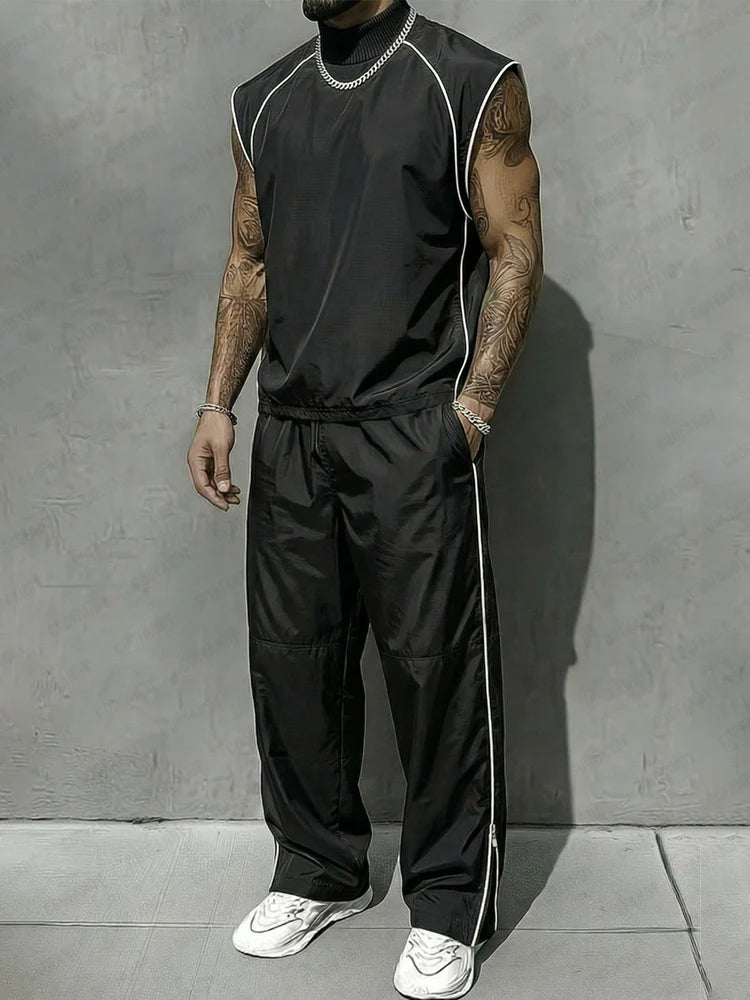 Athletic Contrast Color Ribbed Collar T-shirt Pants Set