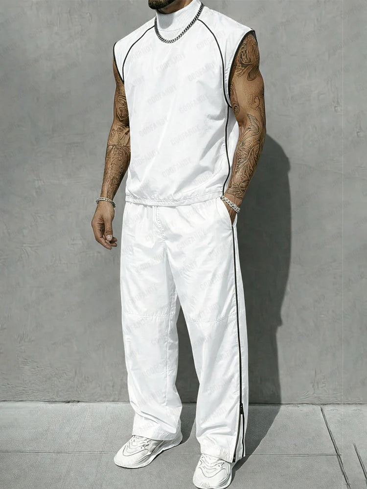 Athletic Contrast Color Ribbed Collar T-shirt Pants Set