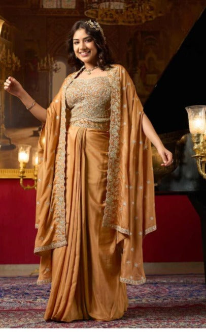 Rust Orange Embroidered Draped Skirt Set