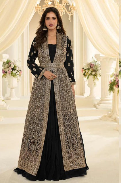 Black Traditional Embroidery Jacket Style Anarkali Gown