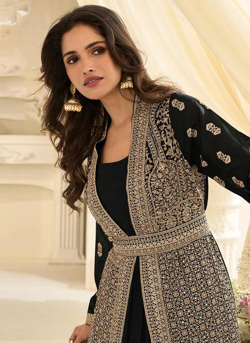 Black Traditional Embroidery Jacket Style Anarkali Gown