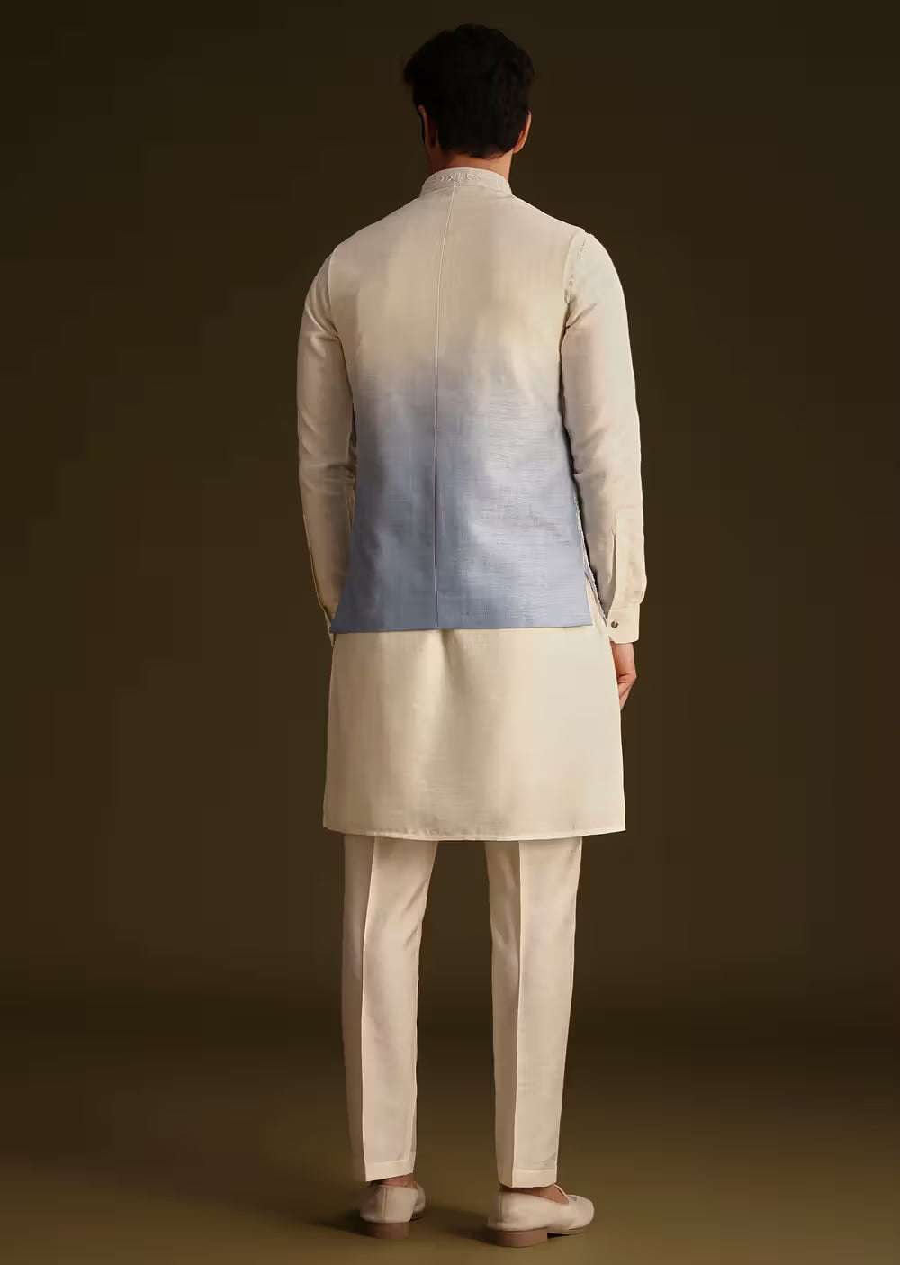 Cream And Blue Ombre Embroidered Silk Jacket Set