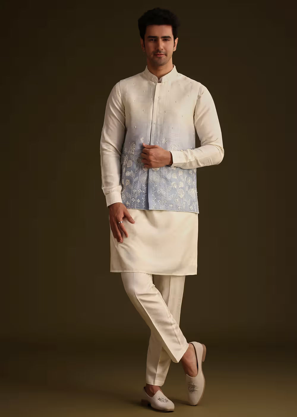 Cream And Blue Ombre Embroidered Silk Jacket Set