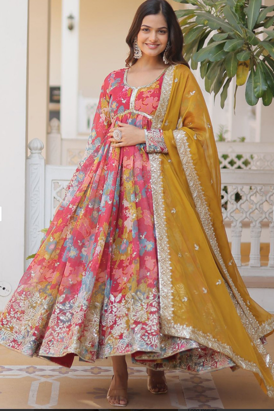 Floral Printed Anarkali Gown with Embroidered Dupatta