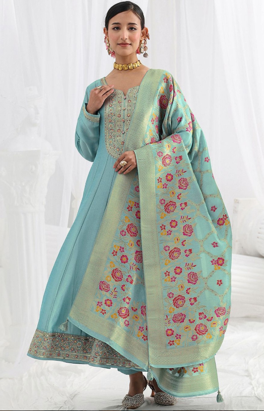 Elegant Aqua Blue Embroidered Anarkali Suit with Dupatta