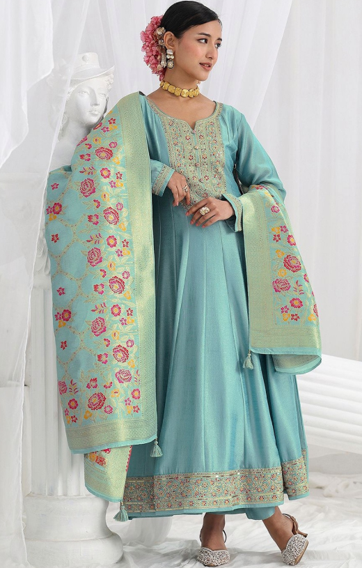 Elegant Aqua Blue Embroidered Anarkali Suit with Dupatta