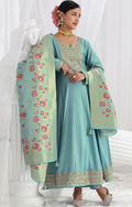 Elegant Aqua Blue Embroidered Anarkali Suit with Dupatta