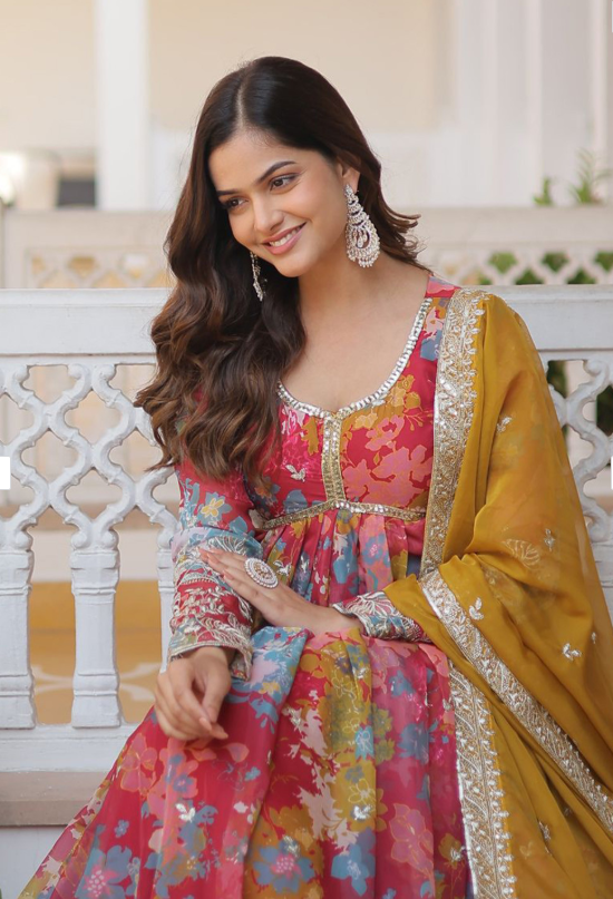 Floral Printed Anarkali Gown with Embroidered Dupatta