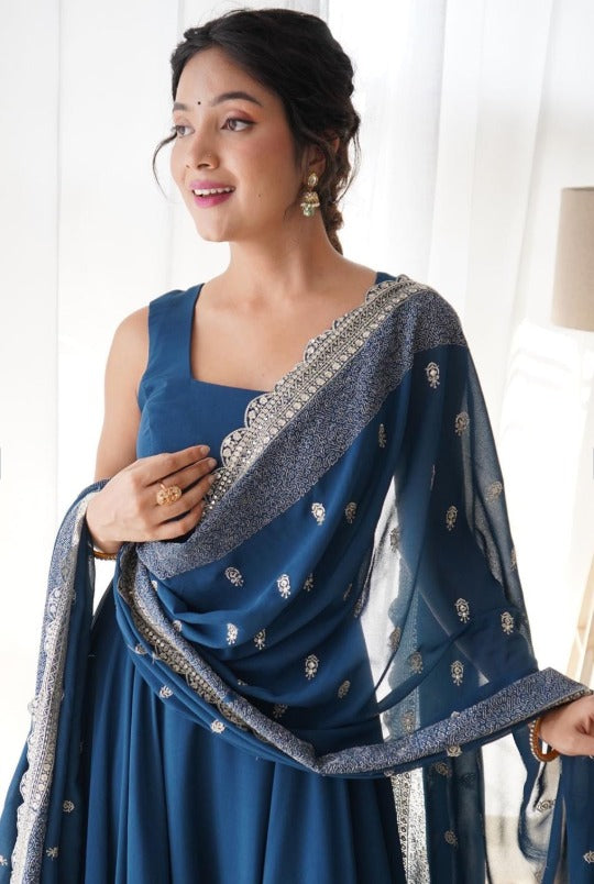 Elegant Navy Blue Anarkali Suit with Embroidered Dupatta