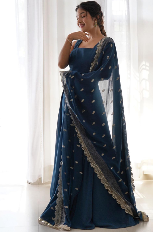 Elegant Navy Blue Anarkali Suit with Embroidered Dupatta