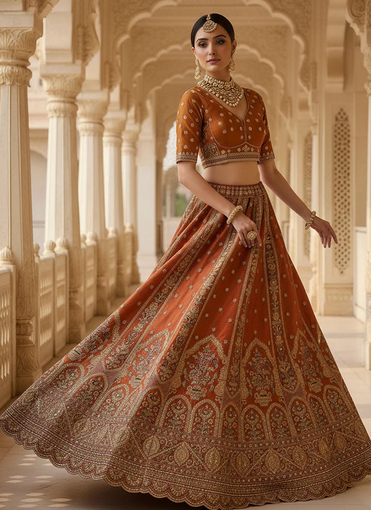 Rust Orange Multi Embroidery Wedding Lehenga Choli