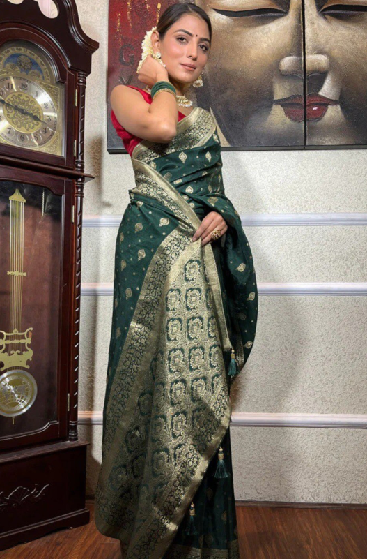 Elegant Dark Green Banarasi Silk Saree with Zari Work