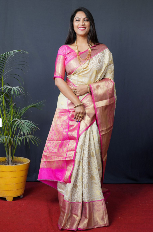 Elegant Cream & Pink Banarasi Silk Saree