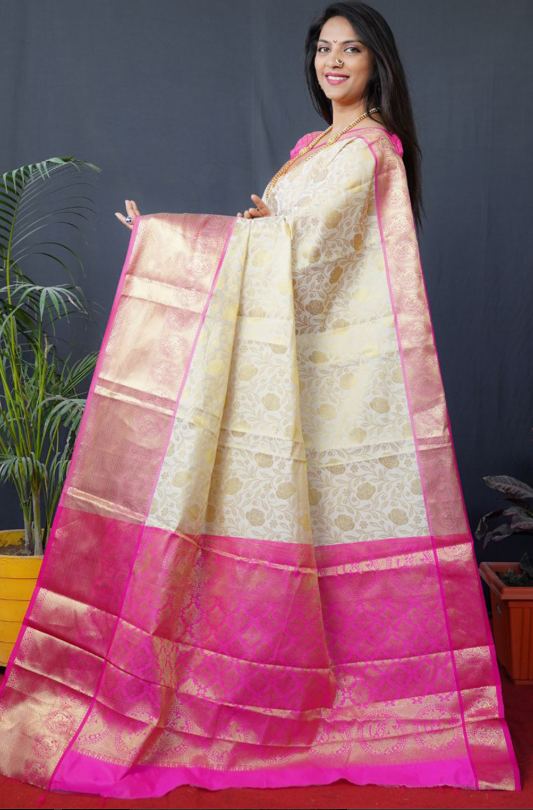 Elegant Cream & Pink Banarasi Silk Saree