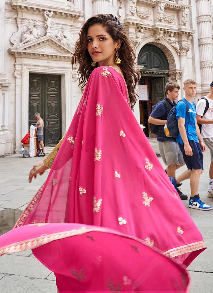 Yellow Pink Ombré Embroidery Anarkali Sharara Suit