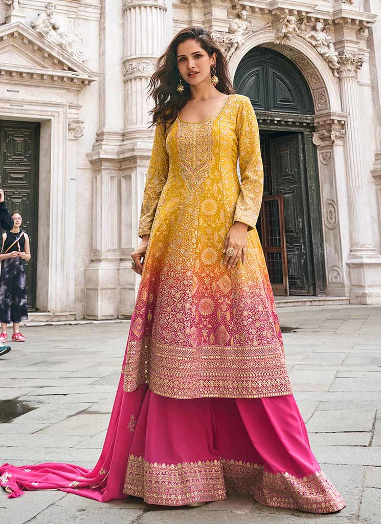 Yellow Pink Ombré Embroidery Anarkali Sharara Suit