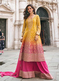 Yellow Pink Ombré Embroidery Anarkali Sharara Suit